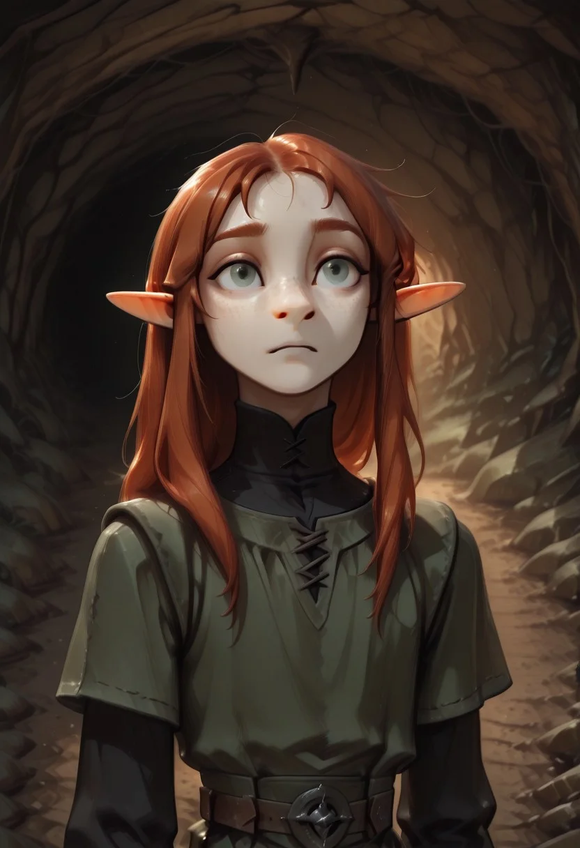 1person, Lapanya, Malgha, freckles, pointy ears, Long-sleeve black shirt, green tunic,
Close up, 3/4 view,
Underground, organic cavern,