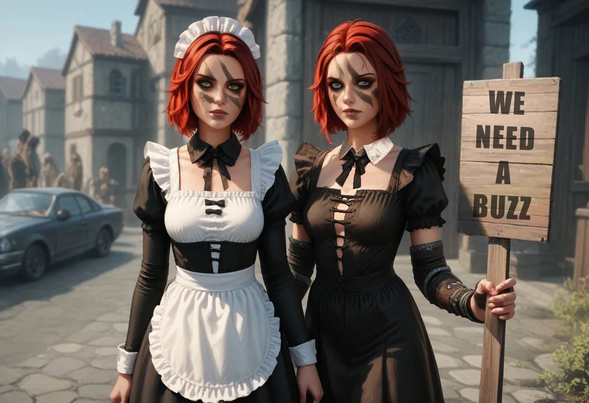 score_9, score_8_up, score_7_up, score_6_up, 1girl, aela the from TES v Skyrim, makeup, red hair, green eyes, medium breasts, dressed as a maid, standing, in right hand hold empty sign, PEHoldingSign