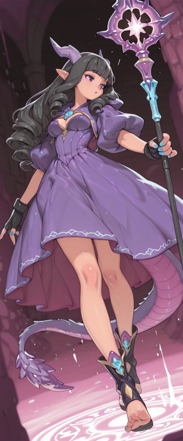 F3n6l1, masterpiece, very aesthetic, absurdres, (solo:1.5),
(dragonkin:1.5), 1girl, expressive eyes, feminine eyes, beautiful detailed eyes:1, perfect face, purple eyes, dragon ears, dragon tail, dragon horns, (black hair:1.5), (long hair), (blunt bangs), (drill curl hair), medium breasts, (purple dragonkin mage dress:1.5), (fingerless gloves:1.5), (toeless footwear:1.5), humanoid feet, barefoot, soles, (5 toes:1.5), blue nails, mage staff, fantasy dungeon, magical aura, using magical ice spell, dynamic pose, dutch angle,