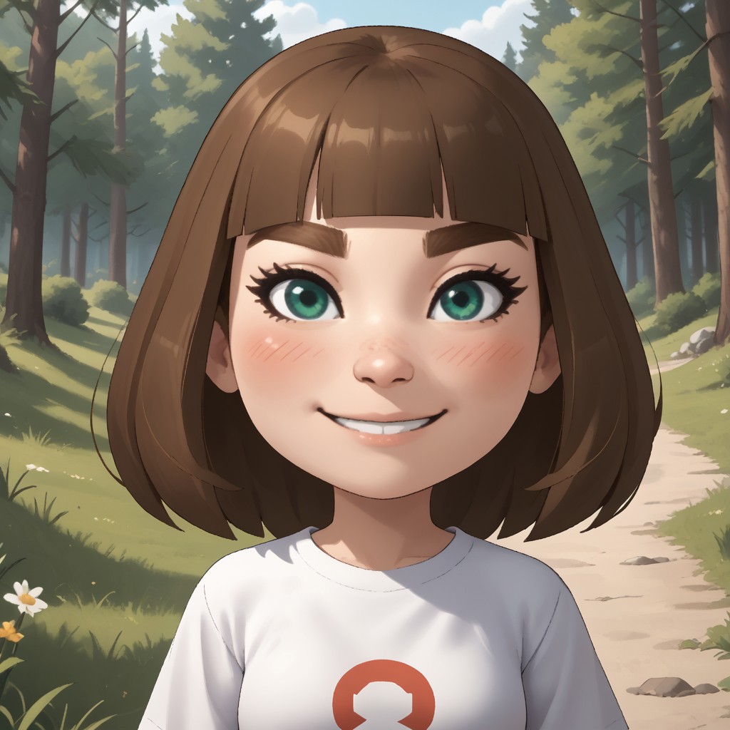 score_9, score_8, BREAK, solo, mii, wii u, wii sports club, 1girl, female mii, cute, green-ish brown hair, brown eyebrows, white skin, green eyes, small nose, blush, smile, long hair, fringe, white clothing, white pants, sneakers, small breasts, Millie_(\Wii_Sports_Club\), Nintendo Mii, modern_mii, classic_mii, sexy pose, self portrait, smile, outdoors, sunlight, shadows, evening lighting, natural lighting, forest, trees, grass, orange sky, sunset