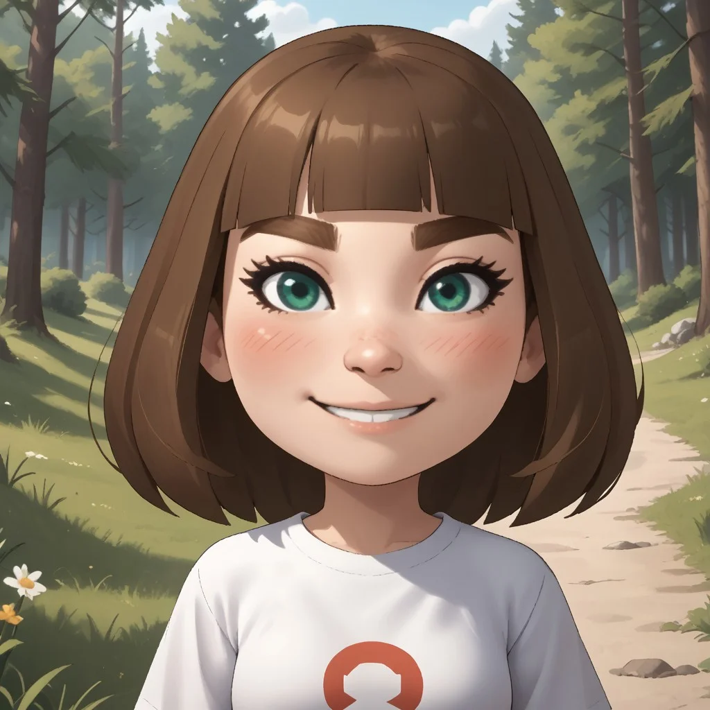score_9, score_8, BREAK, solo, mii, wii u, wii sports club, 1girl, female mii, cute, green-ish brown hair, brown eyebrows, white skin, green eyes, small nose, blush, smile, long hair, fringe, white clothing, white pants, sneakers, small breasts, Millie_(\Wii_Sports_Club\), Nintendo Mii, modern_mii, classic_mii, sexy pose, self portrait, smile, outdoors, sunlight, shadows, evening lighting, natural lighting, forest, trees, grass, orange sky, sunset