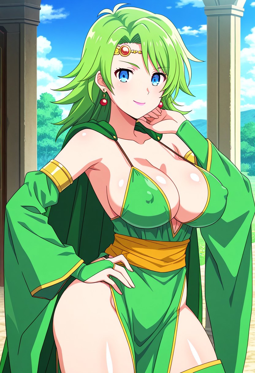 official art, detailed anime, ultra detailed anime art, anime screencap, screencap, score 9, score 8 up, score 7 up, masterpiece, anime coloring, source anime,
BREAK
RydiaMageTSK, 1girl, solo, long hair, green hair, blue eyes, pink lips, aged up, adult female, adult face, perfect body, cleavage, large breast, curvy, wide hips, shiny skin, smoothy skin, 
BREAK
jewelry, earrings, detached sleeves, cape, circlet, dress, collarbone, bare shoulders, green cape, thighhighs, sash, wide sleeves, thigh boots, green footwear, high heels, covered nipples, bridal gauntlets,
BREAK
cowboy shot, standing, 1hand on hip, day, generic fantasy town, detailed background,