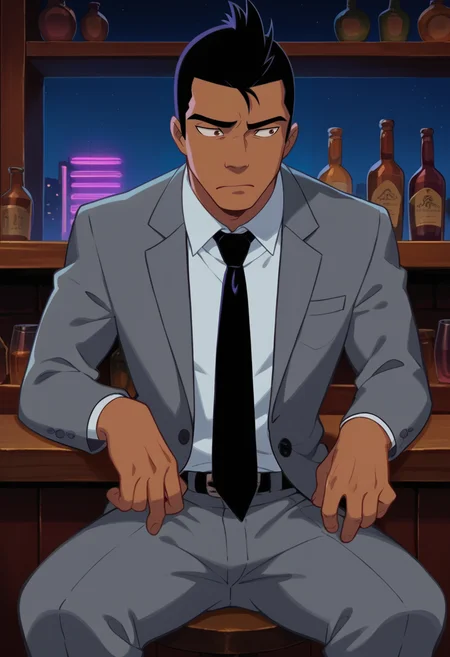 score_9, score_8_up, score_7_up, score_6_up, BREAK chel,official art, 1boy, dark skin, black hair, solo, brown eyes, mohawk,short hair, sitting,grey suit, grey jacket, grey pants, black necktie,white collared shirt, bar, shelf, purple neon lights,night,worried,pectorals,long necktie,standing, purple lights,long sleeves <lora:ChelPony:1>