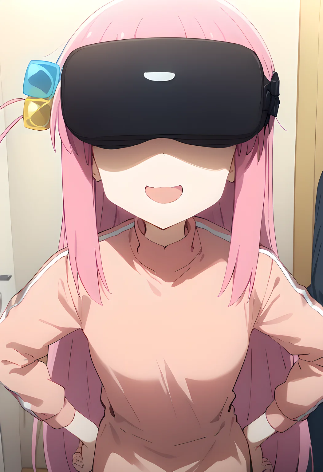 score_9, score_8_up, score_7_up, 1girl, 1girl, hitori gotou, cube hair ornament, hair ornament, pink hair, one side up, long hair, faceless, vr headset, head-mount display, indoors, open mouth, smirk, hands on hip, standing, dynamic angle, <lora:Concept_VR-headset:1> <lora:easynegative:1> <lora:hitori-gotou-s1-ponyxl-lora-nochekaiser:1>