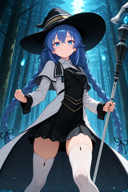 beautiful detailed eyes, masterpiece, best quality, intricate details, absurdres,
1girl, solo,
<lora:P-IL-Roxy:1>, r0x7,
blue hair, long hair, very long hair, braid, twin braids, blue eyes, bangs, hair between eyes,
dress, long sleeves, thighhighs,
black witch hat, ribbon,
smile, closed mouth, looking at viewer,
small breasts,
holding staff, standing,
((breasts in motion)), dynamic pose, intense movement, action shot, motion blur, (bouncy:1.3), (bouncing breasts:1.2), tight outfit, dramatic perspective,
forest background, magical particles floating, glowing bugs, dark forest, light beams,