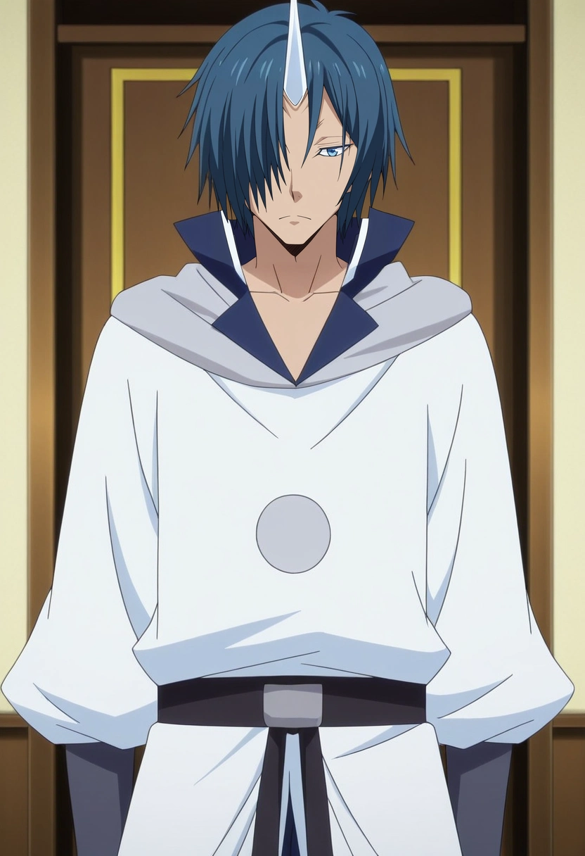 masterpiece, best quality, anime screencap, official style, anime coloring, cowboy shot, 1boy, solo, male focus, <lora:souei_tensura_ilxl:0.96>, souei_tensura, blue hair, blue eyes, hair over one eye, single horn, , ,
