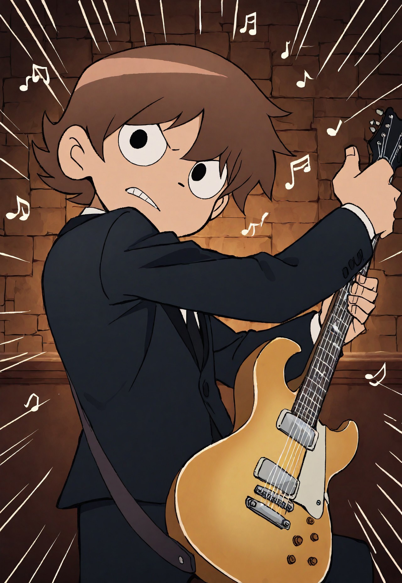 masterpiece, best quality, amazing quality, very aesthetic, absurdres, newest, detailed background, yNeil, 1boy, solo, brown hair, black eyes, dot nose, portrait, serious, happy, dancing, strumming, emphasis lines, teeth, suit, playing electric guitar, music, music notes