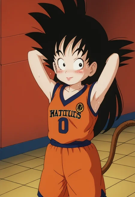 score_9, score_8_up, score_7_up , , source_anime, intricate details, masterpiece, high quality, prefect hands, best quality,, 1girl, solo, upper body , anime screencap,
, blush ,
, GGoku , black hair, black eyes, big eyeballs , spiked hair , long hair , monkey tail , eyelash , lips , cute , small breast , breast , chibi , <lora:GGoku-000003:1>,
<lora:basketball-uniform-ponyxl-lora-nochekaiser:1> , oversized shirt , , basketball uniform , sweating , armpit , basketball uniform, basketball jersery, sportswear, jersey, shorts, sleeveless, gym , basketball stadium ,