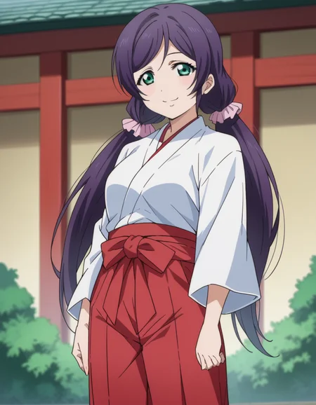 score_9, score_8_up, score_7_up, source_anime,
nozomitoujou, <lora:nozomi-toujou-ponyxl-lora-nochekaiser:1>
nozomi toujou, green eyes, purple hair, twintails, low twintails, scrunchie, long hair, smile,
hakama, hakama skirt, japanese clothes, miko, red hakama, long sleeves,
outdoors, shrine,
looking at viewer, cowboy shot, dutch angle,