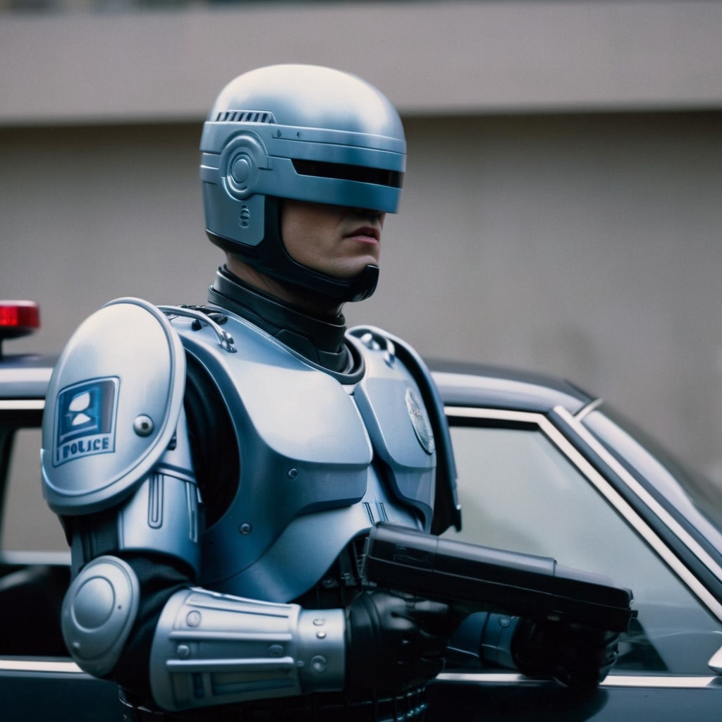 cinematic film still of  <lora:RoboCop 1987:1>
RoboCop 1987 a man in a helmet and a police car, shallow depth of field, vignette, highly detailed, high budget, bokeh, cinemascope, moody, epic, gorgeous, film grain, grainy