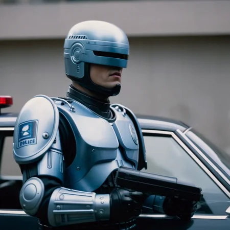 cinematic film still of  <lora:RoboCop 1987:1>
RoboCop 1987 a man in a helmet and a police car, shallow depth of field, vignette, highly detailed, high budget, bokeh, cinemascope, moody, epic, gorgeous, film grain, grainy