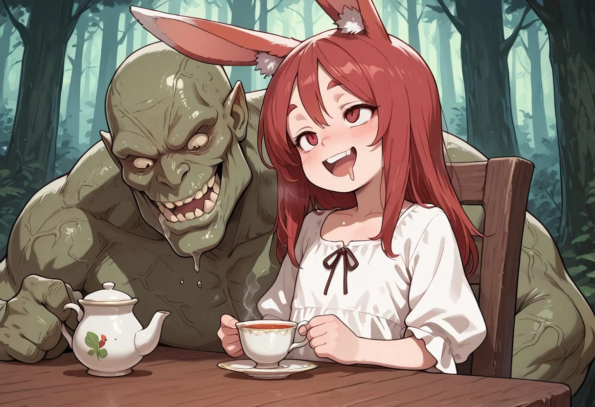 masterpiece, best quality, amazing quality,
rabbit girl, open mouth, vulgar smile, drooling, medium red hair, flat chest, petite, traveler's clothes,
tea time with big huge goblins, they are sitting at a tea table,
fantasy forest in the background,