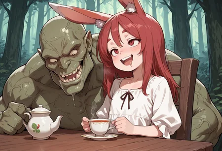 masterpiece, best quality, amazing quality,
rabbit girl, open mouth, vulgar smile, drooling, medium red hair, flat chest, petite, traveler's clothes,
tea time with big huge goblins, they are sitting at a tea table,
fantasy forest in the background,