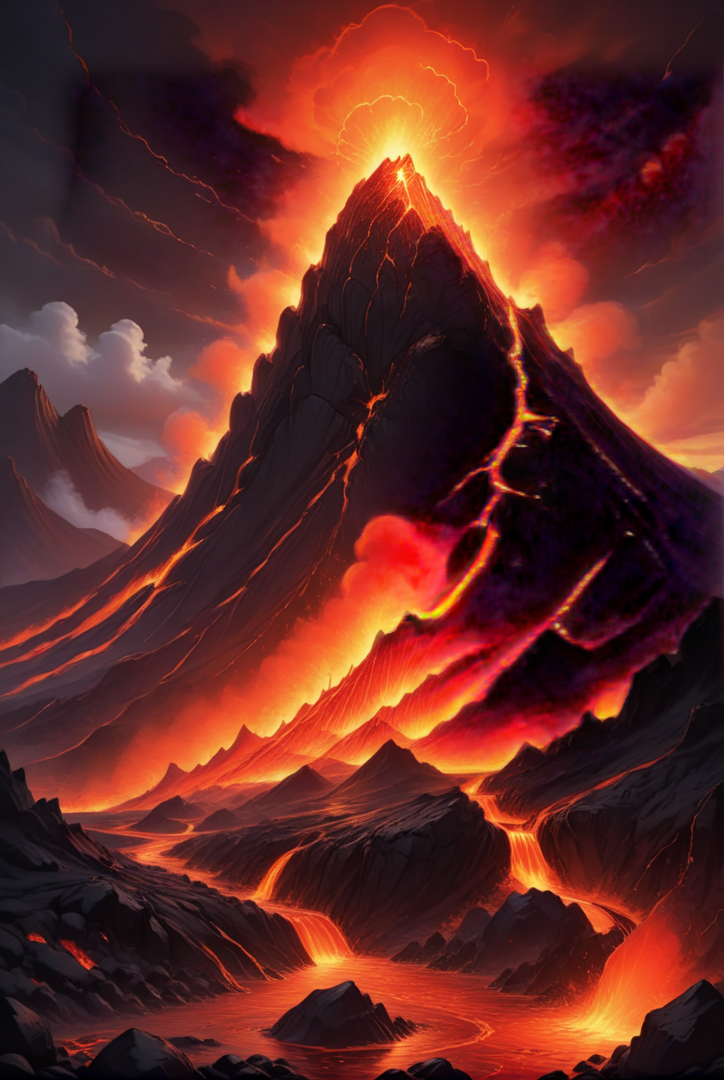 xl_kk, a volcano errupting, molten lava flows down the side, large volcanic rocks, firey sky, orages, reds, blacks, <lora:Saturated_Landscape_XL-KK:1>