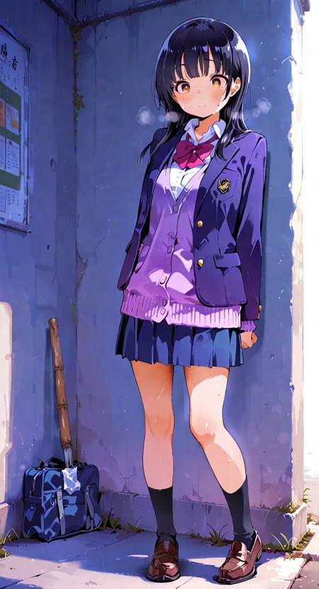 masterpiece, cute, lovely, (best quality:1.3), (amazing quality:1.3), high gradient eyes, very aesthetic, 1girl, solo, neutral face, (Aya_Style), BREAK, (Yamada_Anna), black hair, brown eyes, long hair, sidelocks, school uniform, blue skirt, long_sleeve, blazer, open blazer, close blazer, white shirt, pleated skirt, collared shirt, sweatdrop, pocket, blue jacket, cardigan, purple cardigan, black socks, loafers, brown footwear