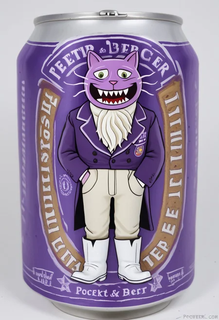 beerlabel, purple beer can, PocketCat, smile, sharp teeth, purple blazer, trousers, white boots, white gloves, solo