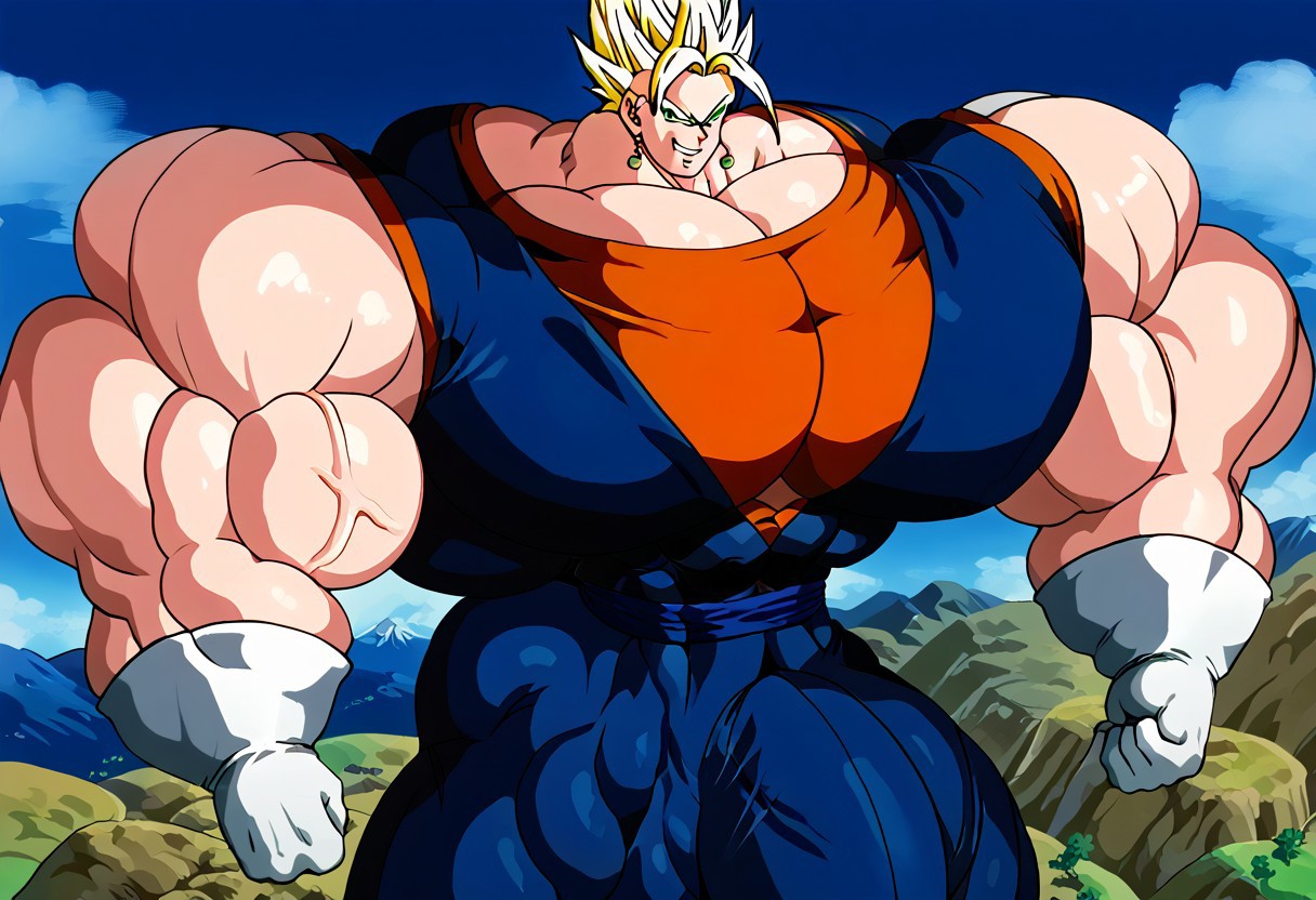 tight clothing,male, man, 1man, vegito, buff vegito,  blond hair, spiky hair, Green Eyes, angry smile, white teeth, round earrings, white gloves, fists, orange shirt, blue sleeveless vest, hyper muscles, huge muscles, massive muscles, big muscles, flexing arms, muscle plexus pose, blue belt blue pants, hyper pecs, huge pecs, massive pecs, muscular pecs, mountains and vegetation in the background, upper body, shadows, shading hyper deltoids, massive deltoids, lock of hair, yellow eyebrows, gay , yaoi, bulges, pectoral ,(classic style)