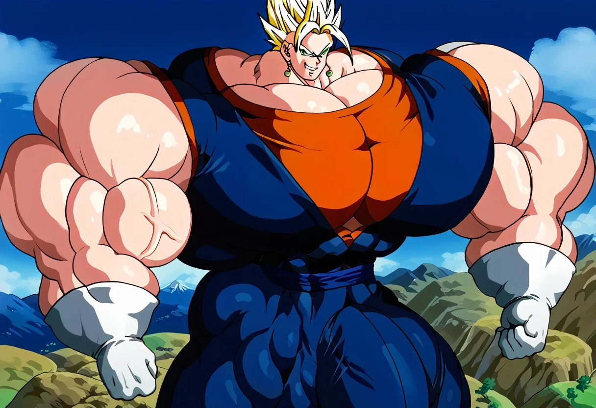 tight clothing,male, man, 1man, vegito, buff vegito, blond hair, spiky hair, Green Eyes, angry smile, white teeth, round earrings, white gloves, fists, orange shirt, blue sleeveless vest, hyper muscles, huge muscles, massive muscles, big muscles, flexing arms, muscle plexus pose, blue belt blue pants, hyper pecs, huge pecs, massive pecs, muscular pecs, mountains and vegetation in the background, upper body, shadows, shading hyper deltoids, massive deltoids, lock of hair, yellow eyebrows, gay , yaoi, bulges, pectoral ,(classic style)