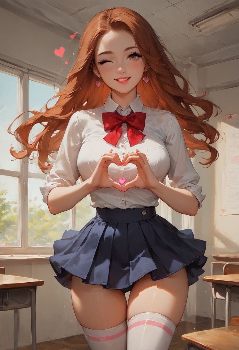 score_9, score_8_up, score_7, w1ln4y4, Expressiveh, digital painting, high quality, highly detailed, high contract, beautiful shading, 1girl, hourglass figure, wide hips, long brown hair, brown eyes, happy eyes, long black eyelashes, dark eyeshadow, cute smile, parted lips, white shirt, red bowtie blue pleaded short skirt, thigh high socks, arched back, classroom, Heart Hands, wink, floating heart