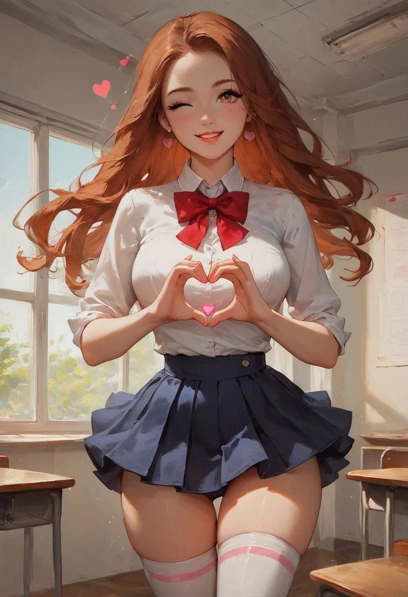 score_9, score_8_up, score_7, w1ln4y4, Expressiveh, digital painting, high quality, highly detailed, high contract, beautiful shading, 1girl, hourglass figure, wide hips, long brown hair, brown eyes, happy eyes, long black eyelashes, dark eyeshadow, cute smile, parted lips, white shirt, red bowtie blue pleaded short skirt, thigh high socks, arched back, classroom, Heart Hands, wink, floating heart