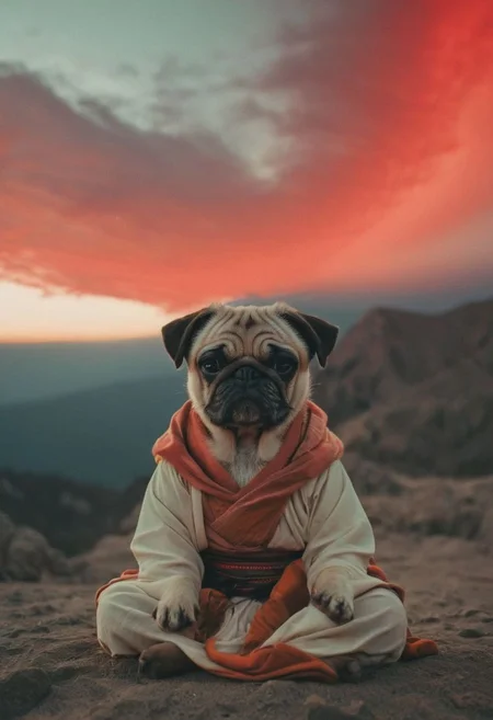 Capturing serenity amidst boundless solitude: a powerful image of a fluffy ninja pug draped in flowing feudal garb, large sedge-hat, meditating in lotus position upon an endless, sunless expanse. As she hovers, an aura emanates from her, growing in intensity as it extends beyond her Till it explodes in the far, reminiscent of expanding ripples of sound. The neon hues of her aura paint the air, a vivid testament to her inner strength and focus.
creating a surreal normal scene with translucent DARK Red and beige details, colorful (polaroid:0.7) with vibrant colors, (vacations, high resolution:1.3), (small, selective focus, european film:1.2), closeup (highest coherency: 1.59) (highest quality: 1.39)