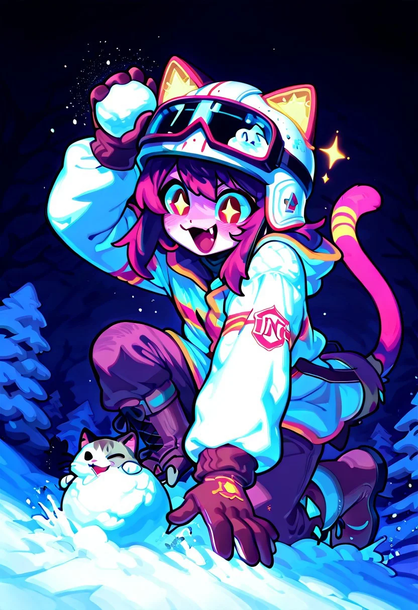 masterpiece, best quality, simple illustration, 1cat, , superdeformer, cute, snow suite, snow glasses, urban clothing, big boots, helmet, full body, solo, dark background, sparkles, vivid colors, vertical pupils,fang, tail , mcnm, in the style of cknc, cute_style01f1, snowball fight, happy
