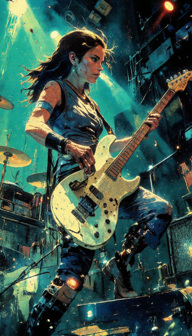 crayon,glow, A female musician, bathed in the cerulean and viridian glow of stage lights, thrashes on a white electric bass guitar. Capture her in a dynamic three-quarter shot, emphasizing the energy of her performance. Her pose should be one of uninhibited movement, her body a blur of motion as she plucks the strings. The camera angle should be low, accentuating her power and the verticality of the instrument. The background should dissolve into an abstract tapestry of light and shadow, hinting at the silhouettes of other musicians and the blurred forms of the audience. Enhance the image with a subtle film grain to evoke the raw energy of a live concert.