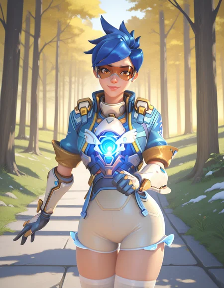 Masterpiece, high-res, 2k, best quality, 2.5d, 1girl, hero of heart, tracer (overwatch) , googles, harness, cowboy shot<lora:Hero_of_Heart_Tracer_Illus-000037:1> Embracing Grace: Stand with one hand outstretched as if welcoming the world into your embrace exuding elegance and kindness., Snow-Covered Forest with Shimmering Trees