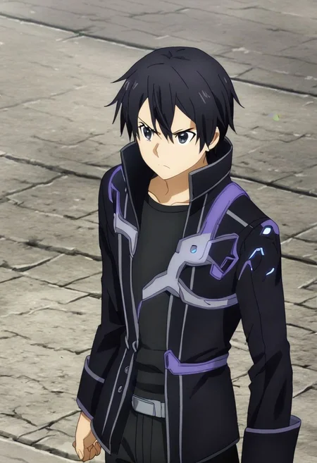 high resolution, professional photography, solo, best quality, 1Boy, Kazuto Kirigaya, Black Hair, Black Eyes, dystopia, black jacket, black shirt, serious looking, black pants, armor, dark fantasy, OverallDetail
