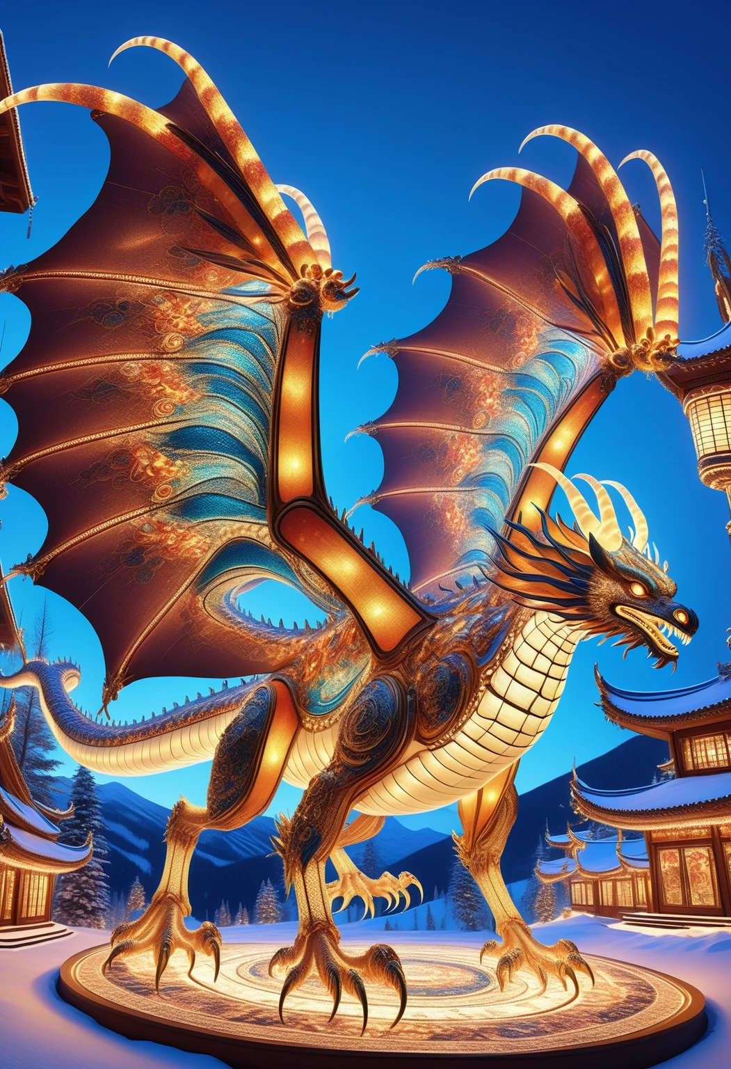 hyper detailed masterpiece,realistic,DonM1un4rN3wY34rXL a sinuous nautical chaos quadrupedal Dalamadur wyvern, scales skin, claws, skeletal head, no legs bird-like legs, six membranous wings, in ski resort town residence in mountain biome,ornamented <lora:myLora\DonM1un4rN3wY34rXL-000006:.8>,