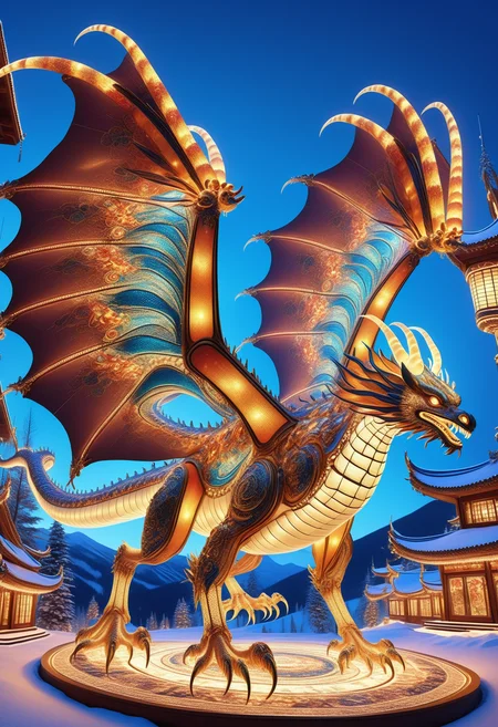 hyper detailed masterpiece,realistic,DonM1un4rN3wY34rXL a sinuous nautical chaos quadrupedal Dalamadur wyvern, scales skin, claws, skeletal head, no legs bird-like legs, six membranous wings, in ski resort town residence in mountain biome,ornamented <lora:myLora\DonM1un4rN3wY34rXL-000006:.8>,
