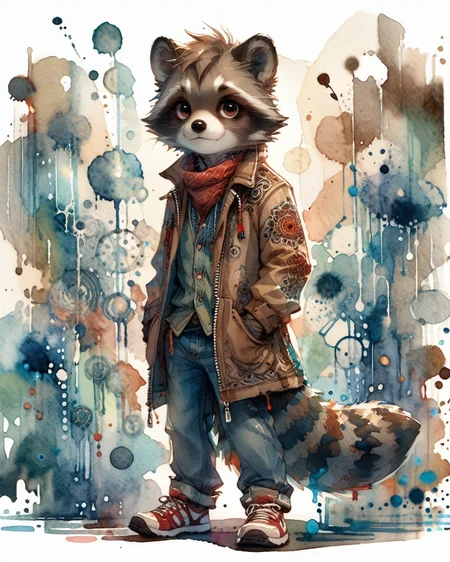 score_9, score_8_up, score_7_up, intricate details, rating_safe,
<lora:SoftWatercolors:1>, SoftWaterColor, 1boy(,
anthro furry, raccoon,
full body, looking at the viewer, solo, friendly expression), detailed background, depth of field, subsurface scattering,
<lora:ral-chrosc-clr:0.3>, ral-chrosc-clr,
<lora:xl_more_art-full_v1:0.3>,
<lora:add-detail-xl:0.3>