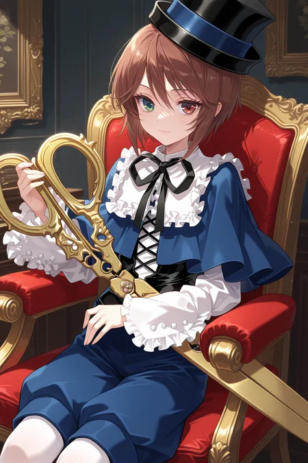 1girl, SouseisekiRozenMaiden,
general, solo, upper body,
eyelashes,
holding, oversized object, scissors,
top hat, kodona,
frilled shirt collar, neck ribbon, blue capelet,
white shirt, long sleeves,
black corset,
blue shorts, white pantyhose,
light smile,
sitting,
indoors, gothic, chair,
<lora:kp_SouseisekiRozenMaidenIllustrious_v1_0:1.0>,
masterpiece, best quality, amazing quality