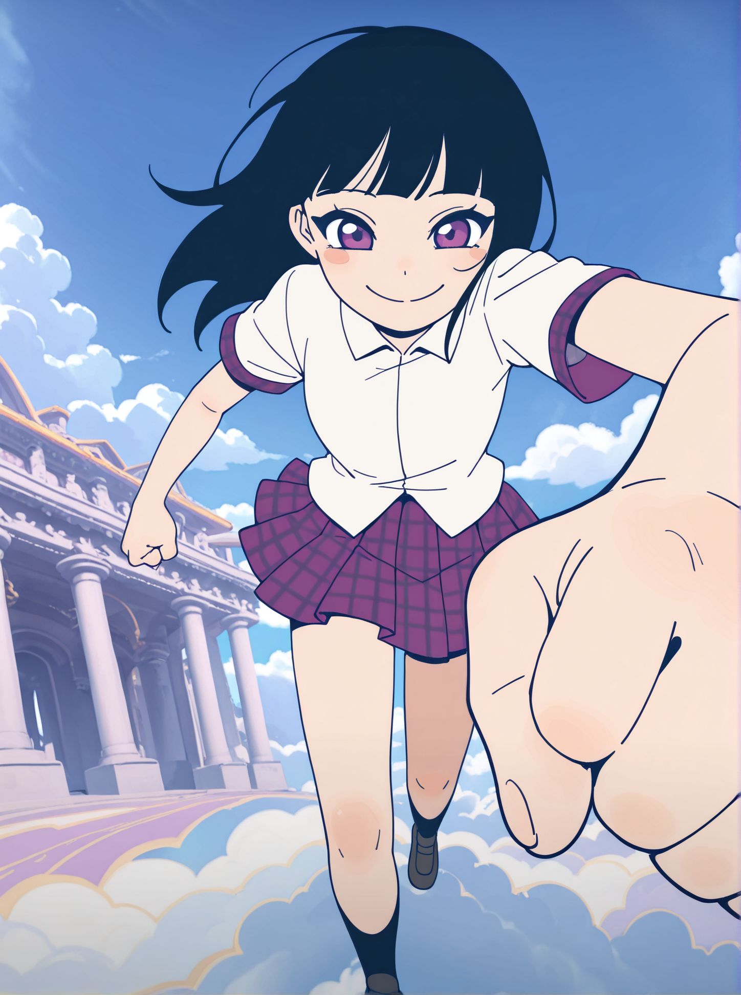 masterpiece,best quality,amazing quality,very aesthetic,absurdres,newest, huge filesize,
<lora:spo_sdxl_10ep_4k-data_lora_webui:0.5>,
<lora:add-detail-xl:1> anime coloring, flat color, 
<lora:DiDiDaDaDonDonDa:1> DiDiDaDaDonDonDa,
1girl,
solo,
black hair,
smile,
giantess,
giant,
purple eyes,
skirt,
foreshortening,
cloud,
d_girl,
walking,