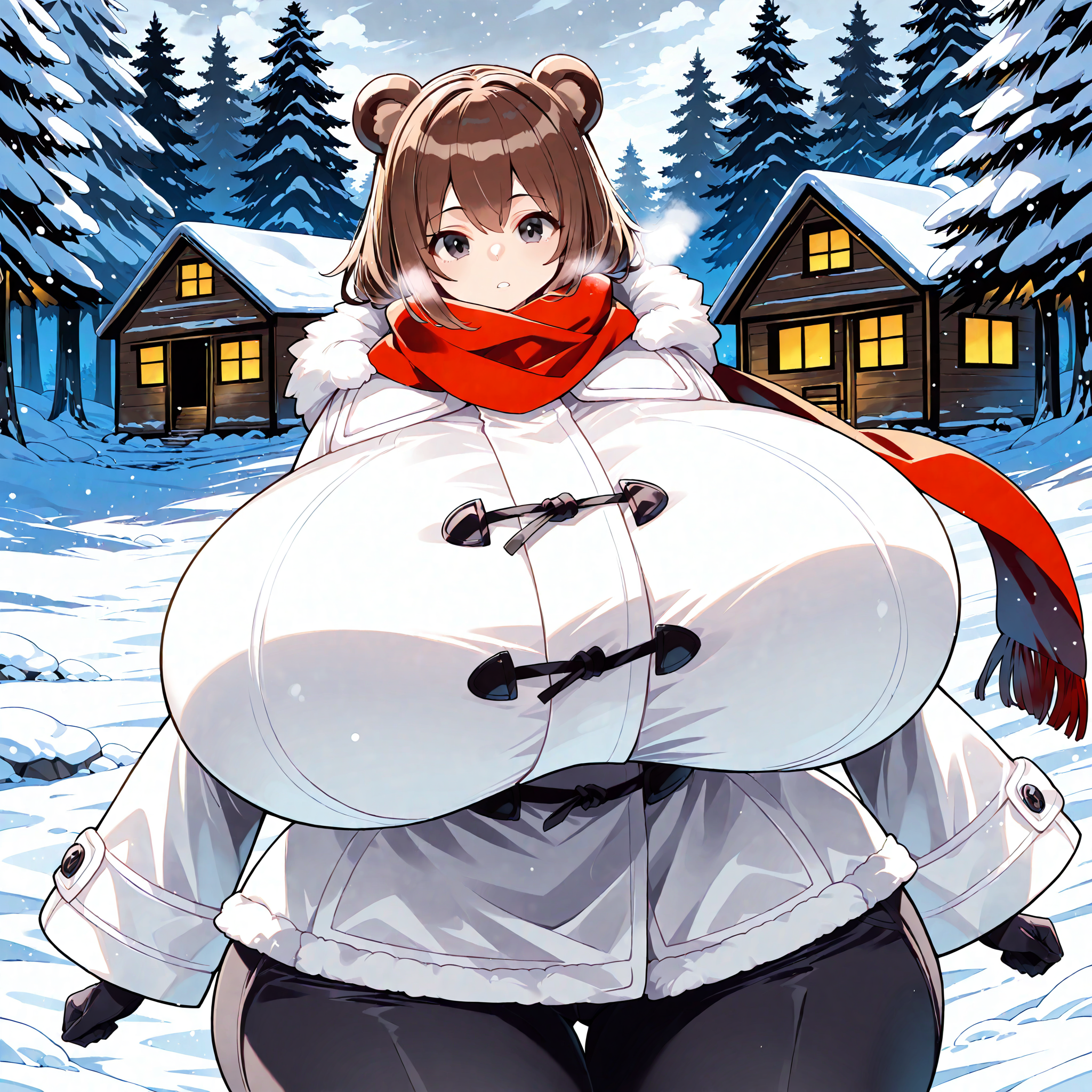 (masterpiece), best quality, (highly detailed), 1female, solo, <lora:Umigarasu_style_Illustrious:0.8>, bear ears, brown hair, black eyes, gigantic breasts, wide hips, white winter coat, pants, fitting clothes, forest, snow, cabin, red scarf, looking at viewer, blank expression,