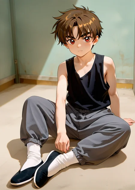 masterpiece,best quality,very awa,very as2,retro style,2D,anime coloring,
1boy,li syaoran,asian,<lora:bflats-000008>,black flats,white socks,
tank top,sleeveless,grey pants,sitting,full body,matte skin,black very short hair,
