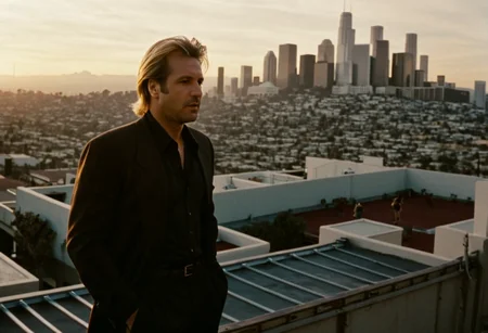 cinematic still photography,medium shot, Rafael Martinez,mid-20s,determined expression,blonde hair,standing on a rooftop overlooking the LA cityscape,dawn or dusk,warm golden light,sprawling metropolis,towering skyscrapers,bustling streets,hint of smog,cinematic framing,low-angle shot,wide lens,cinematography inspired by Dante Spinotti,direction inspired by Michael Mann,1990s urban landscape. Hollywood action movie film style,  <lora:Hollywood action movie film style:0.85>