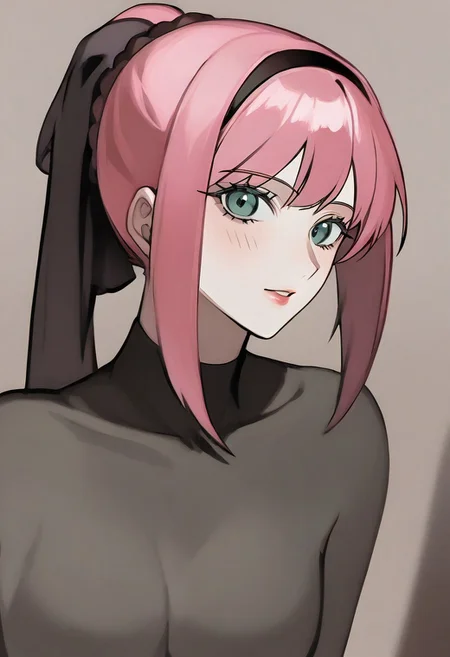 sak_nar, pink hair, anime style, pink hairband  portrait, looking sideway to the viewer, ponytail, pink lipstick , blushing , sexy looking, fit body , muscular body, abs, dramatic, sharp outlines, high contrast, masterpiece, ultra detailed, fine details, intricate, ornamental, elegant, malachite_style ,