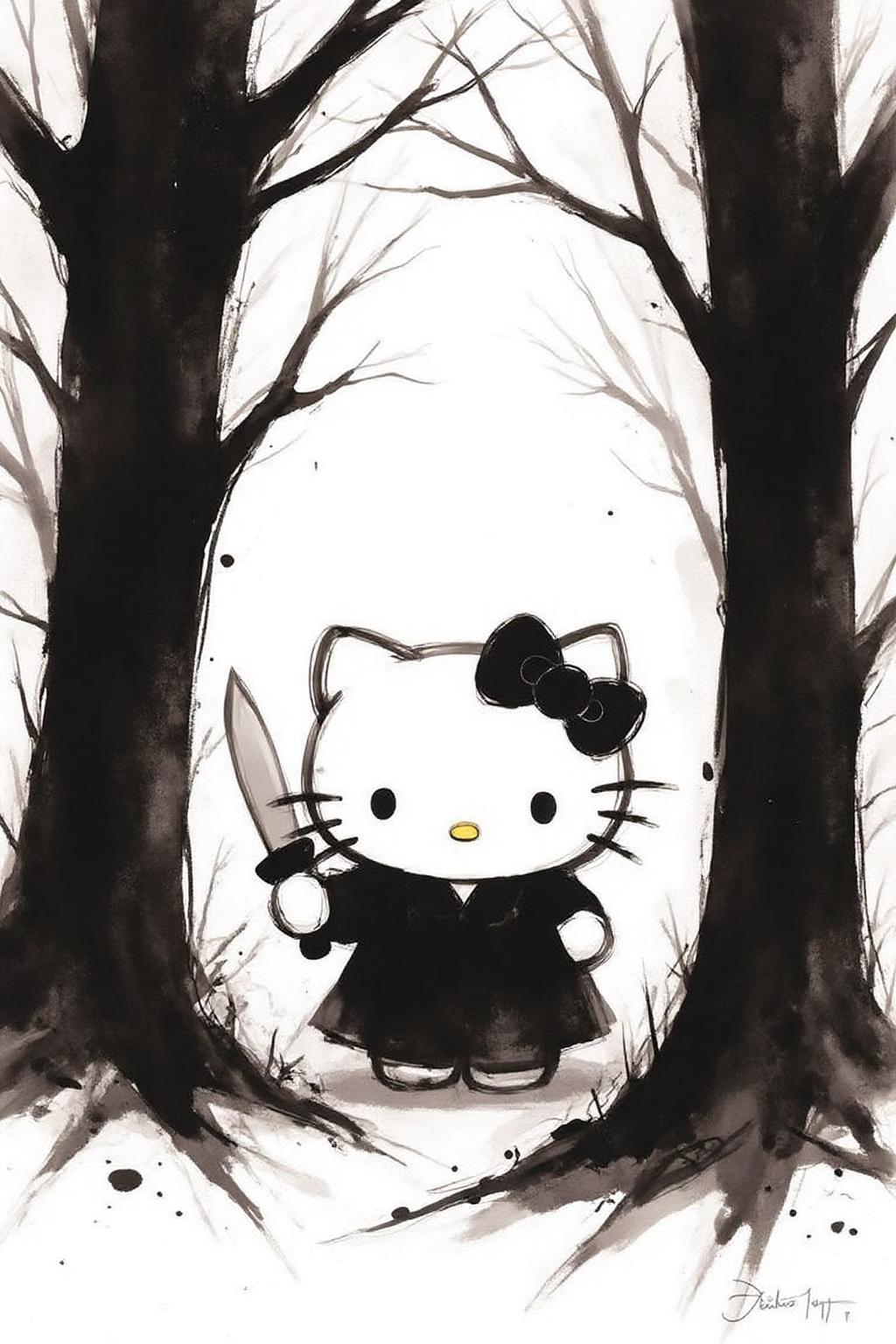 nijiwc1 watercolor ink wash brush style illustration. 
Hello Kitty in the middle of the forest holding a knife, the atmosphere and the character looks scary, Hello Kitty is hidden by the shadows
The background is stark white. <lora:inkwash_niji_nocap_d6a3:1.0><lora:806952410204457834:0>