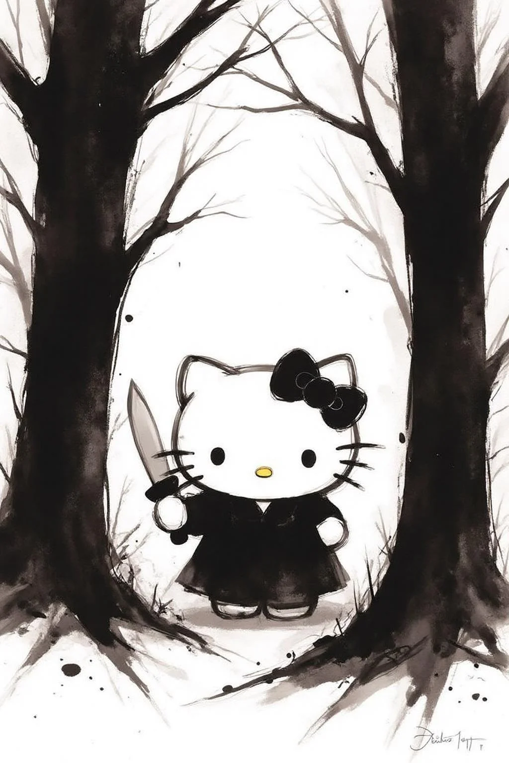 nijiwc1 watercolor ink wash brush style illustration. 
Hello Kitty in the middle of the forest holding a knife, the atmosphere and the character looks scary, Hello Kitty is hidden by the shadows
The background is stark white. <lora:inkwash_niji_nocap_d6a3:1.0><lora:806952410204457834:0>