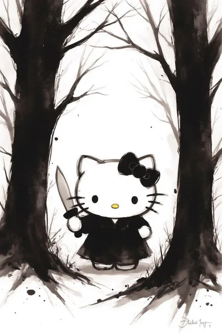 nijiwc1 watercolor ink wash brush style illustration.
Hello Kitty in the middle of the forest holding a knife, the atmosphere and the character looks scary, Hello Kitty is hidden by the shadows
The background is stark white. <lora:inkwash_niji_nocap_d6a3:1.0><lora:806952410204457834:0>