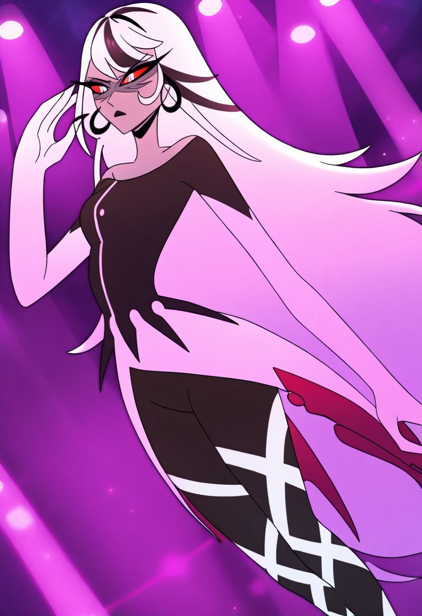 masterpiece, best quality, newest, absurdres, highres, HHp4ck-Style-V1.0, official style, 1girl, HHOVP-CAC.V1.0-LH, hair down, loose hair, very long hair, grey skin, hoop earrings, earrings, white hair, black bodysuit, balerina, facial mark, black lips, white elbow gloves, elbow gloves, 
