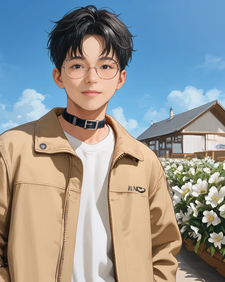 score_9, score_8_up, score_7_up, Korean, <lora:Expressive_H:1>, ((handsome young cute man:1.2, light skin)), ((21yo)),(focus male, solo:1.1), masterpiece, best quality,
The image features a young adult male standing in front of a bright blue sky, seemingly on a sunny day. The man is dressed in a casual yet stylish ensemble including a beige bomber jacket, a white shirt with a collar, and coordinating light-colored trousers. He is wearing dark, round-framed glasses and has short, styled black hair.
The man's pose suggests he is in a relaxed mood, with one hand casually placed on his forehead, while the other holds a small bouquet of white flowers. His expression is friendly and approachable.
The background is minimalistic and complements the subject well, with a simple, white-painted structure that seems to be part of a residential area, possibly a house or a small covered entrance. The skies are cleared of clouds, suggesting good weather, which adds a pleasant and airy feel to the image.
<lora:tae_dong-000017:1>, tae_dong