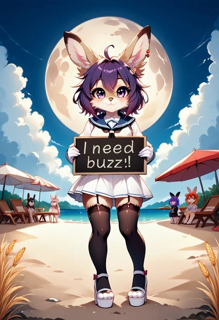 resolution,score_9,score_8_up,score_7_up,score_6_up,score_8,score_7,score_6,best quality,masterpiece,source_anime,(masterpiece:1.2), (best quality:1.2), 3girls,furry females, standing side by side, facing forward, beach at sunset, pastel tones, soft lighting, anime style, noob style,
white military-style uniform, dark necktie, black thigh-highs, garter belt, serious expression,
fluffy white bunny hoodie, pink pleated skirt, thigh bow, sleepy look,
crown, blue sailor dress, white gloves, short purple hair, double platform heels, energetic pose, cheerful smile,
holding big sign with both hands in front of her body,BREAK, solo,
,morden city on street, need_buzz, holding sign, face shot, MegaFluffyPony,feather furry, fluffy,Wheat field background, mid night,moon,