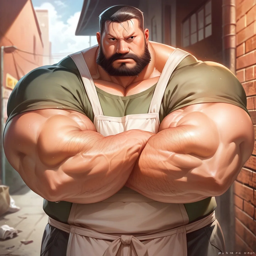 safe_pos, safe_pos, source_anime, detailed background, (score_9, score_8_up, score_7_up), zoroj, masterpiece, best quality, high quality, ultra detailed, highly detailed, high detail, artistic lighting, (highly detailed face, (perfect face, perfect eyes)), depth of field, perfect soft lighting, best shadows, perfect reflections, volumetric, detailed image, high resolution, defined faces, sharp definition,
solo, 1boy, male focus, Sig Curtis, short hair, black hair, black eyes, facial hair, beard, green shirt with short sleeves, long white butcher's apron, black pants, musclegut, hairy arms, musclebears, muscular male, bara, veiny muscles, large male,
ruanyi0675, alley, brick wall, cable, crosswalk, utility pole, vanishing point, vending machine, trash can, trash bag, dynamic poses, various poses, cowboy shot, standing, looking at viewer,