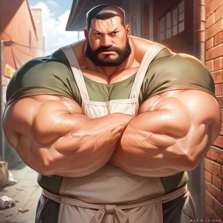 safe_pos, safe_pos, source_anime, detailed background, (score_9, score_8_up, score_7_up), zoroj, masterpiece, best quality, high quality, ultra detailed, highly detailed, high detail, artistic lighting, (highly detailed face, (perfect face, perfect eyes)), depth of field, perfect soft lighting, best shadows, perfect reflections, volumetric, detailed image, high resolution, defined faces, sharp definition,
solo, 1boy, male focus, Sig Curtis, short hair, black hair, black eyes, facial hair, beard, green shirt with short sleeves, long white butcher's apron, black pants, musclegut, hairy arms, musclebears, muscular male, bara, veiny muscles, large male,
ruanyi0675, alley, brick wall, cable, crosswalk, utility pole, vanishing point, vending machine, trash can, trash bag, dynamic poses, various poses, cowboy shot, standing, looking at viewer,