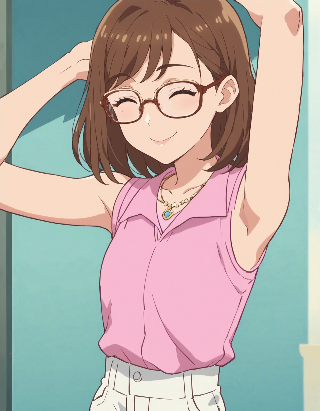 score_9, score_8_up, score_7_up, anime screencap,1girl,solo,glasses, closed eyes, brown hair, sleeveless, smile, necklace, jewelry,pink shirt,white pants, <lora:SakuragawaSaki:0.8>