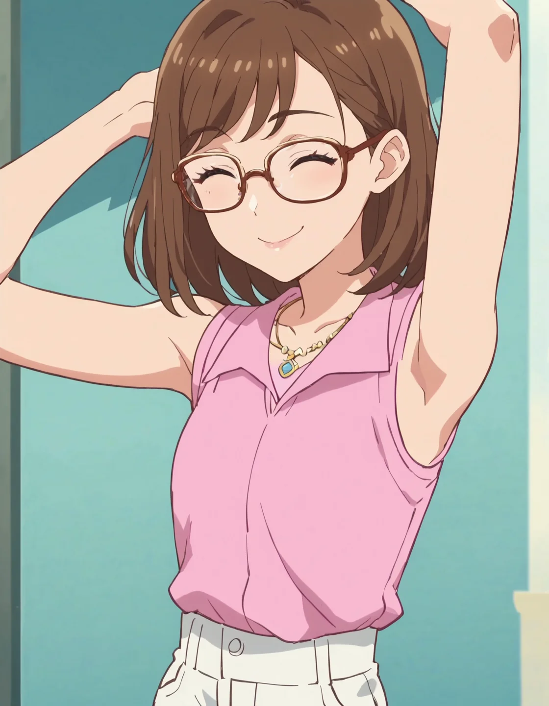 score_9, score_8_up, score_7_up, anime screencap,1girl,solo,glasses, closed eyes, brown hair, sleeveless, smile, necklace, jewelry,pink shirt,white pants, <lora:SakuragawaSaki:0.8>