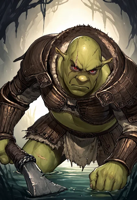 score_9, score_7_up BREAK 1boy,male focus,shrek, green skin,full armor,shoulder armor,serious,holding axe,swamp,dark background,red eyes,scar,fighting stance <lora:ibuo_pd:1> <lora:Shrek_XLPD:0.7>