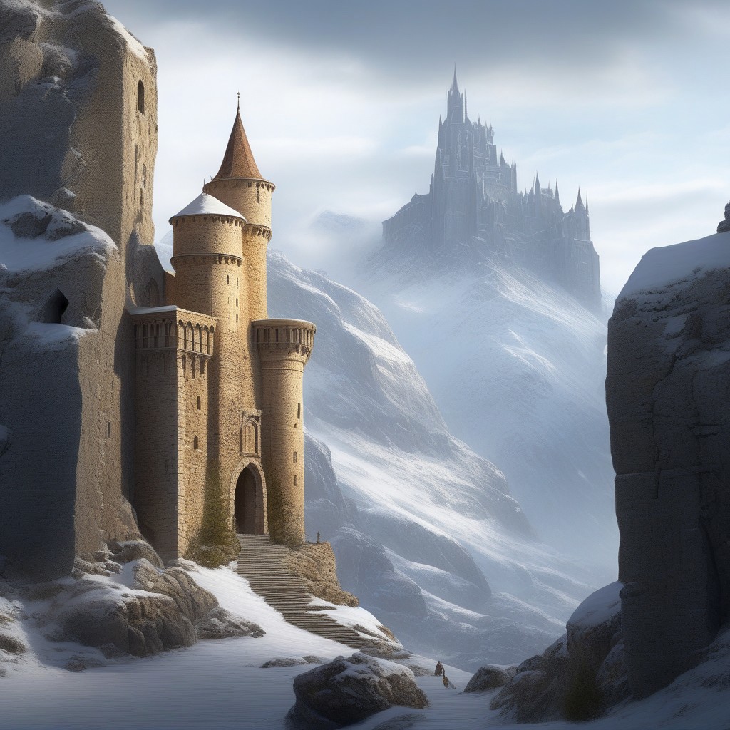 a keep on a (rock spire), battlement, Machicolations, a stairway to the keep, doorway,  mountain in background, very wide shot, fantasy, atmospheric effects, snow, best quality, masterpiece, realistic, photo-realistic, amazing, finely detail, ultra-detailed, highres, extremely detailed, 8k wallpaper
